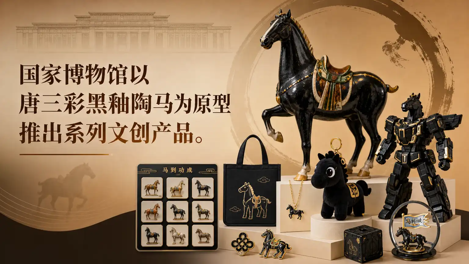 国家博物馆以唐三彩黑釉陶马为原型推出系列文创产品