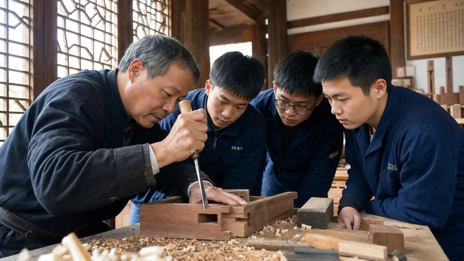 东阳木作工坊师傅示范榫卯