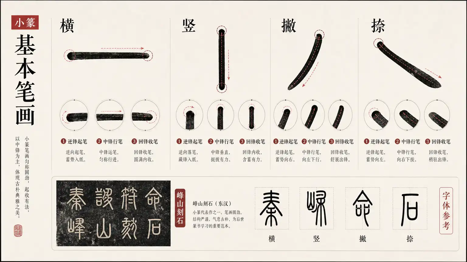 小篆书法技巧(三):立书的练功方法与基本笔画(上)——横、竖、撇、捺