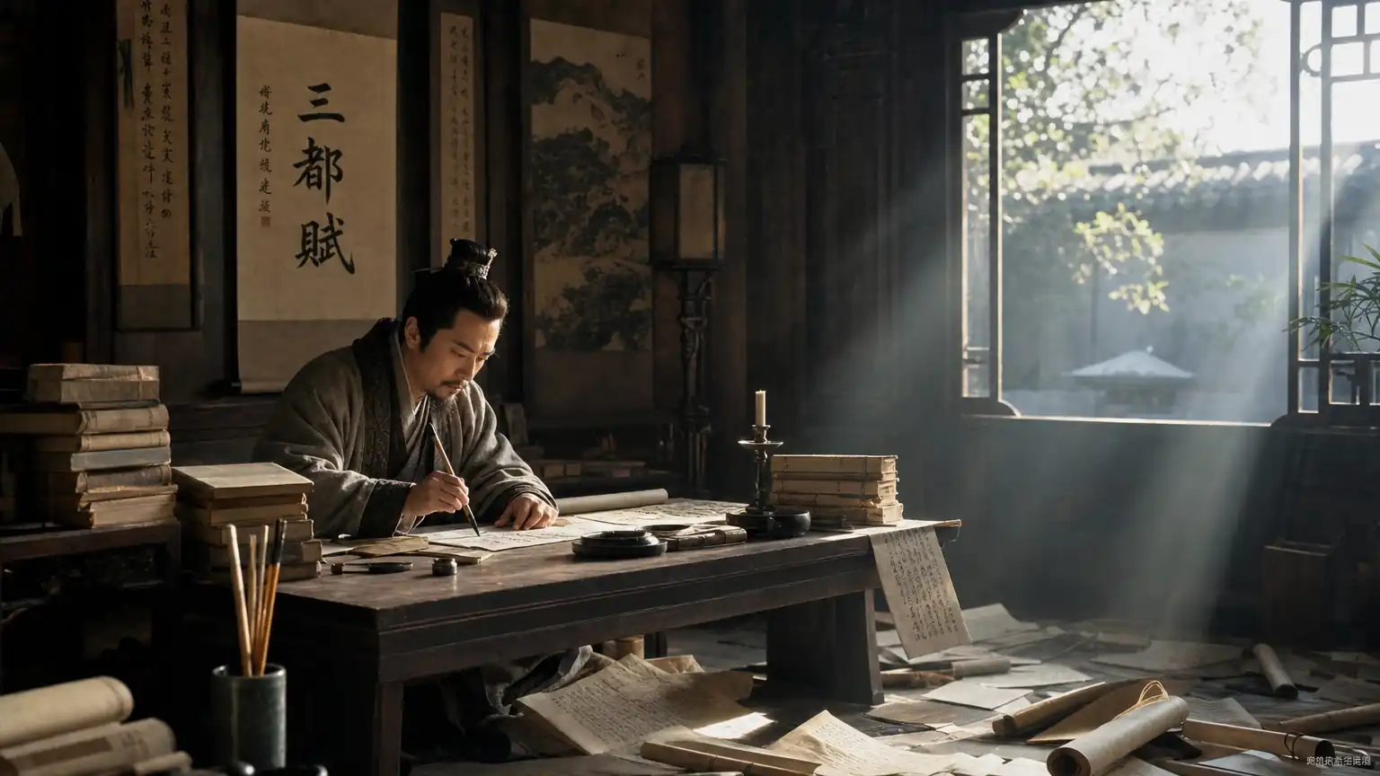 左思苦写《三都赋》场景图