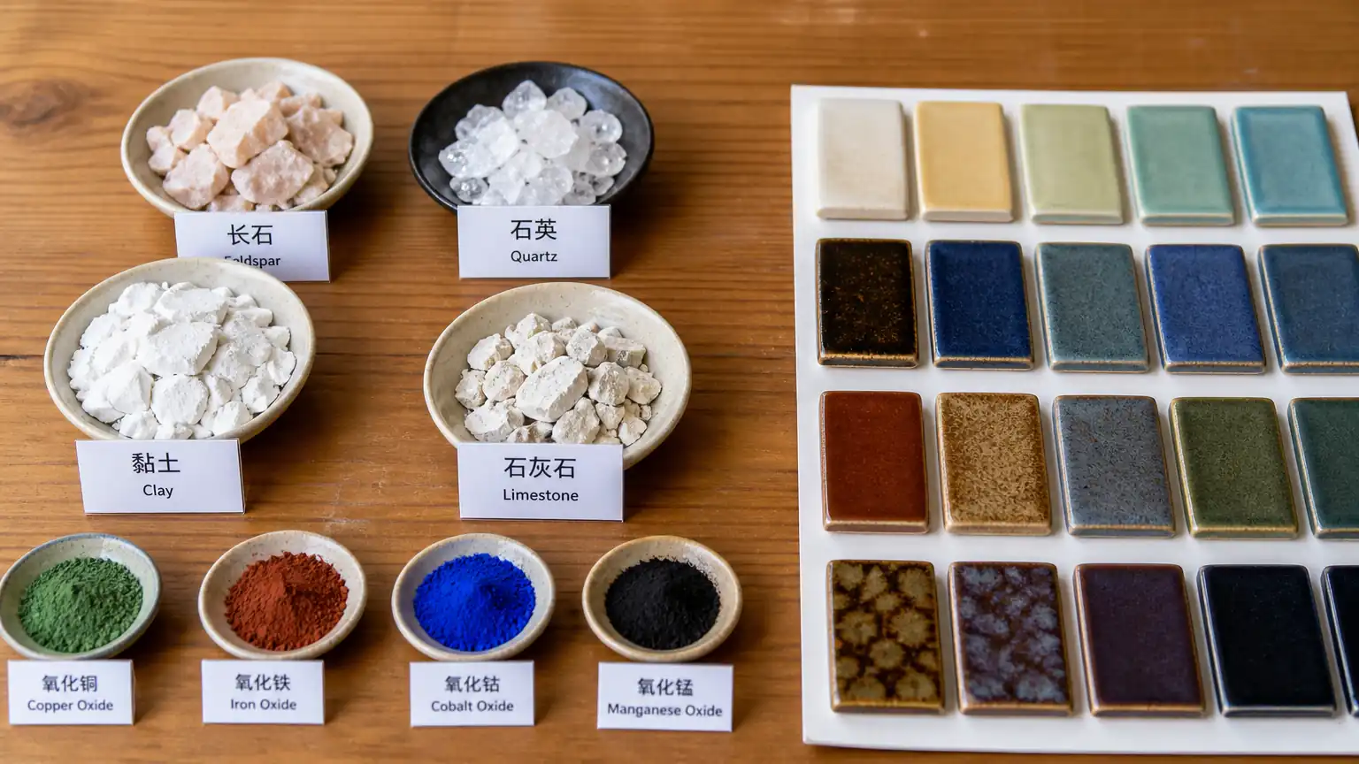 釉料原料与发色原理示意图