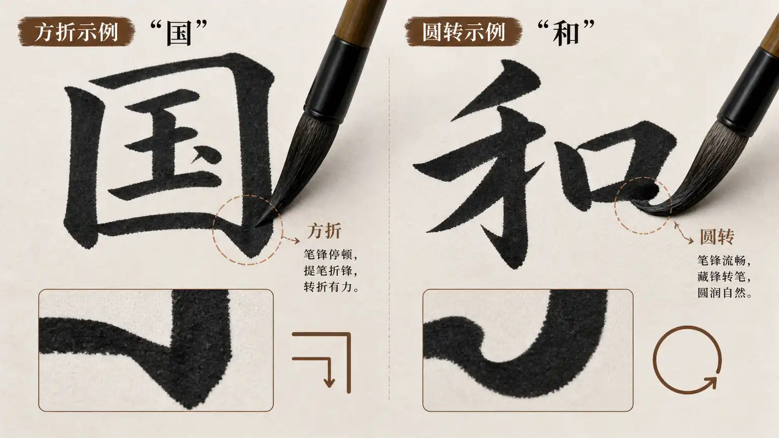 行书方圆转折对比示意图