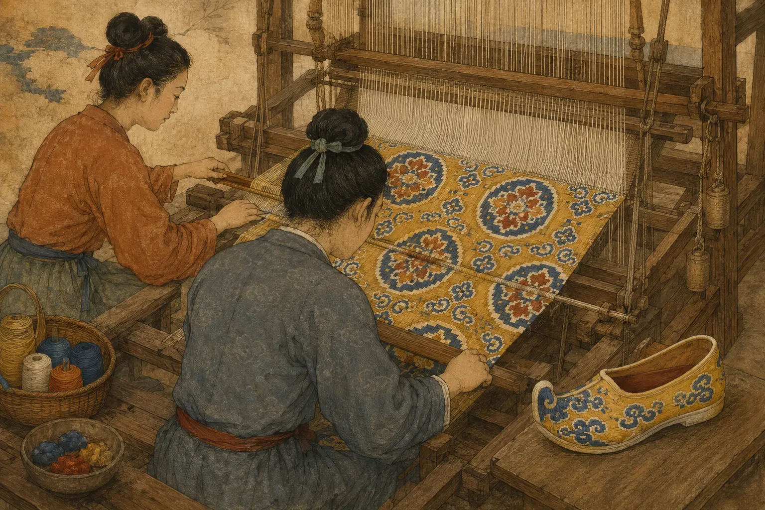 唐代织工在木织机上织造重复宝相花纹并制作云头鞋的原创场景