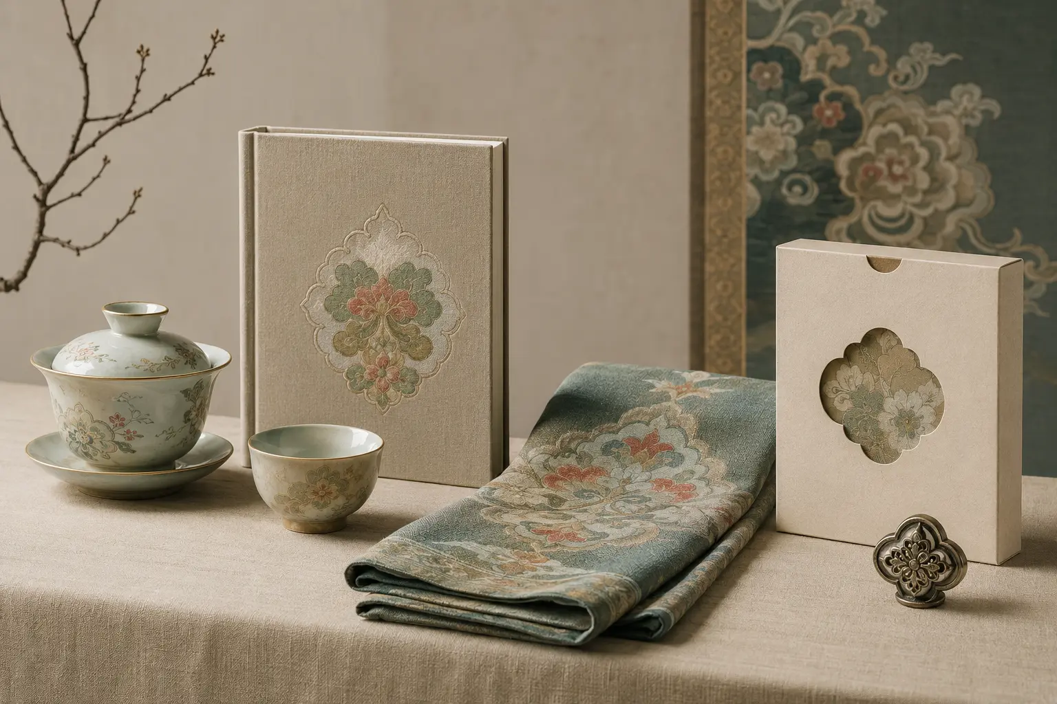 陶瓷书籍织物包装和金属产品分别转译宝相花语法的原创静物