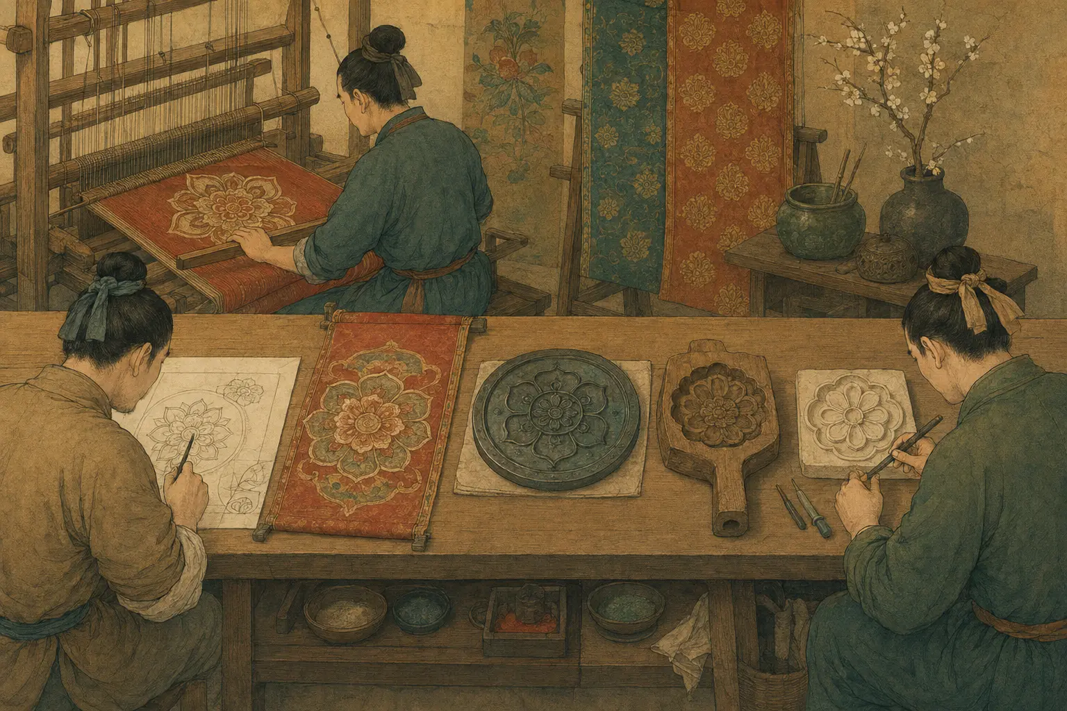 唐代工匠在织机、铜镜、木模和陶瓷上转译复合花纹的原创场景