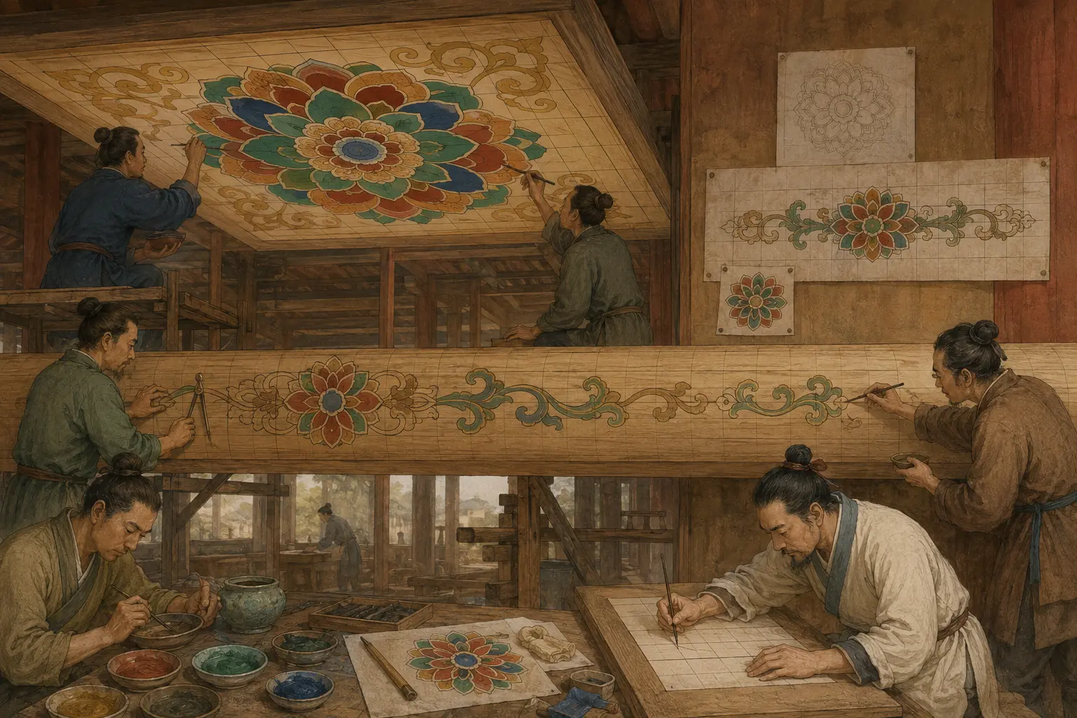 工匠将宝相花画稿分别放大到方形天花和狭长梁枋上的原创场景