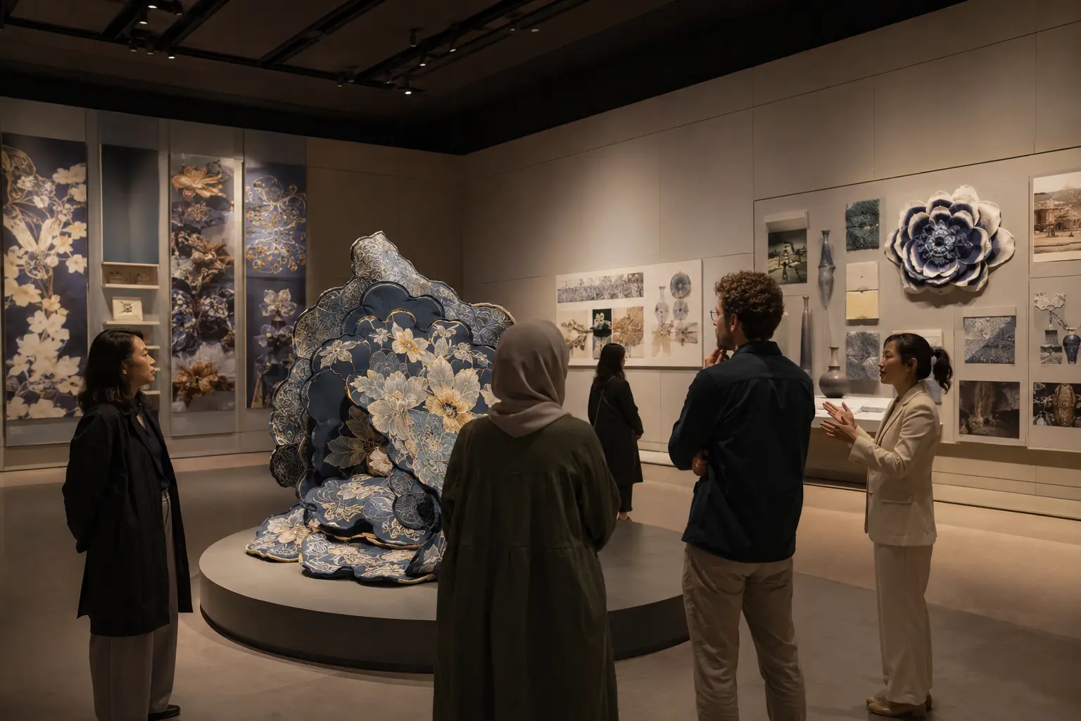 不同背景观众在国际展览中观看宝相花演变和当代设计的原创场景