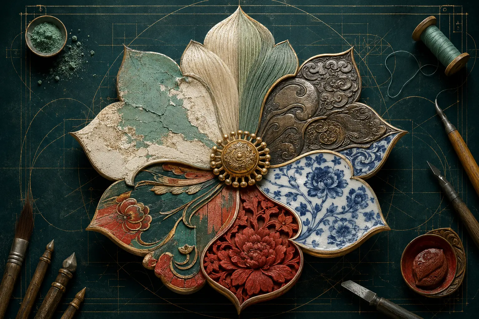 由壁画、丝织、金属、陶瓷、雕漆和木作六种材料共同组成的宝相花原创视觉