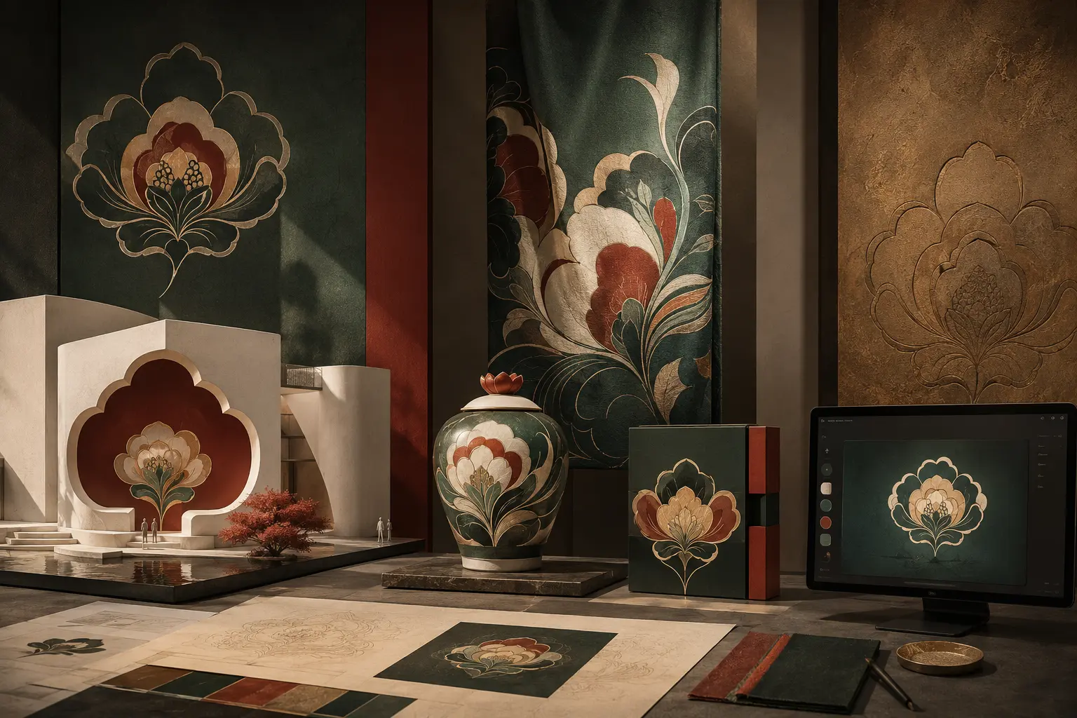 宝相花结构在建筑陶瓷织物包装和数字屏幕中转化的原创视觉
