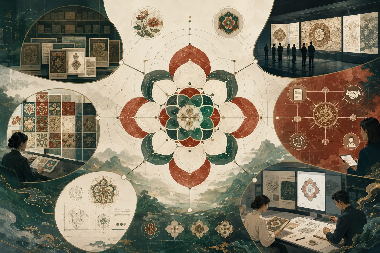 档案研究设计授权和国际展示围绕宝相花连接的原创视觉