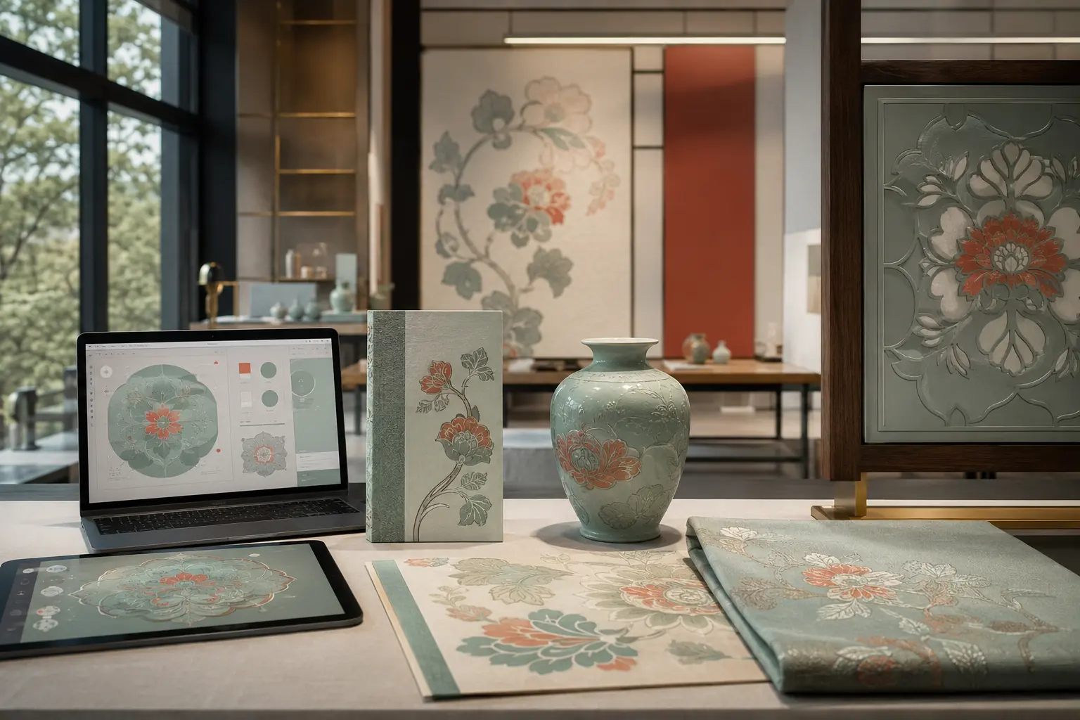 宝相花原创设计语言应用于建筑隔断、织物、陶瓷、书籍与数字界面的当代设计工作室