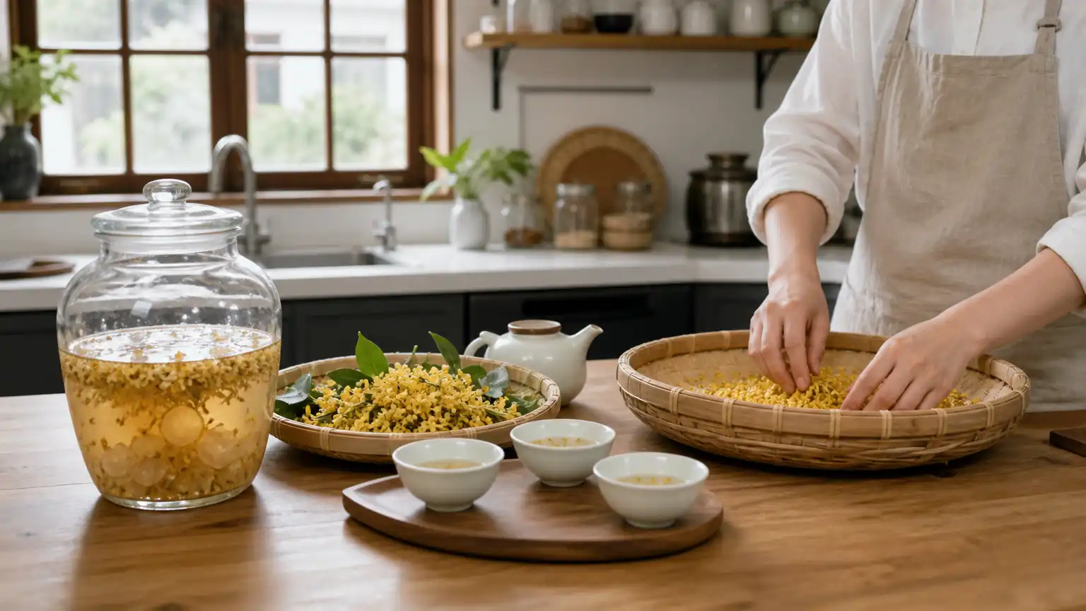 桂花酿制作与待客图