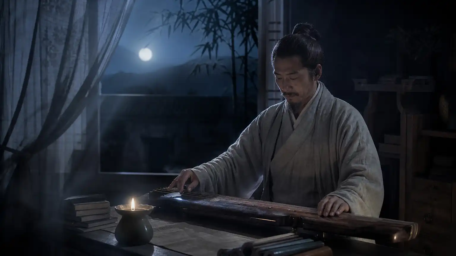 深夜抚琴孤影图