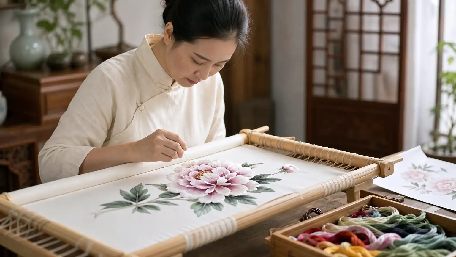 绣娘运用掺针绣制花卉场景图