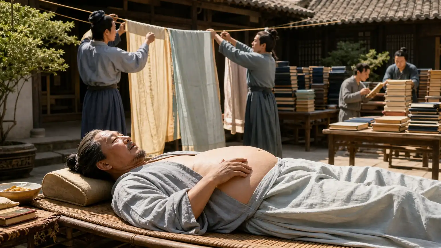 东晋名士郝隆仰卧晒书图