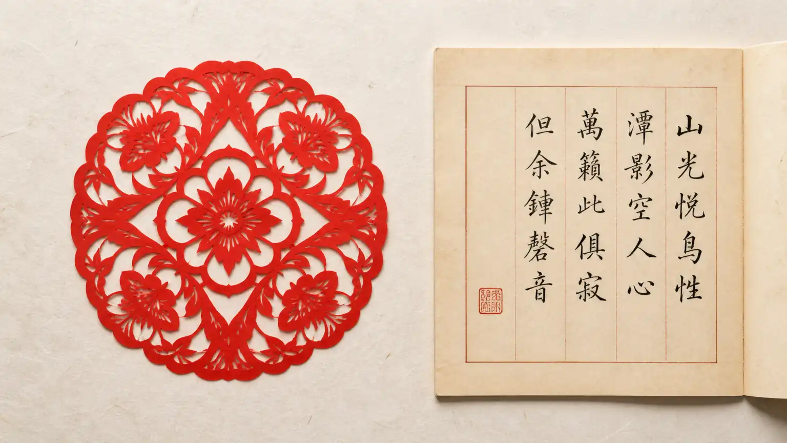 剪纸镂空与诗词留白同构图