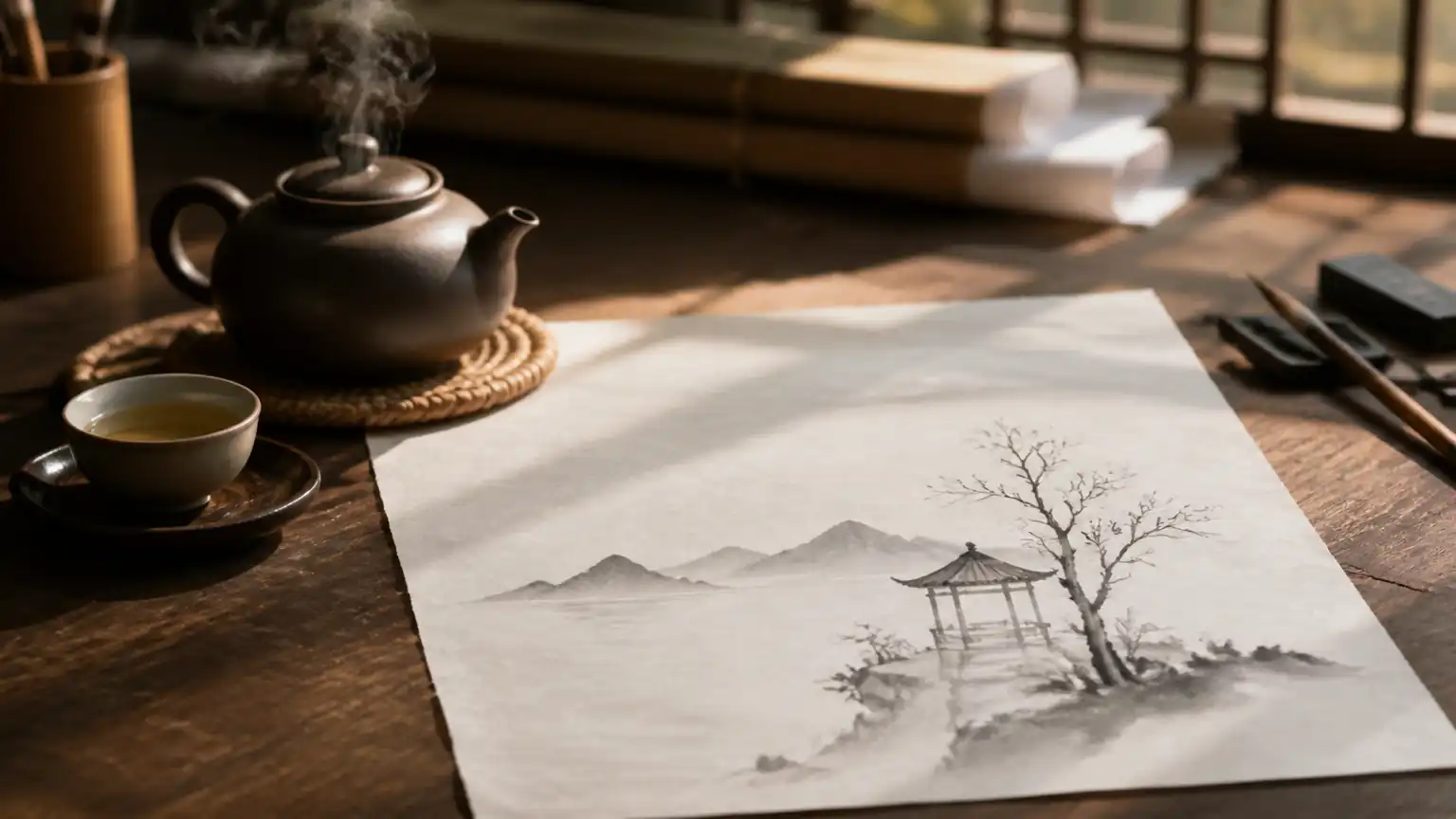 文人小品画与茶事交融场景图