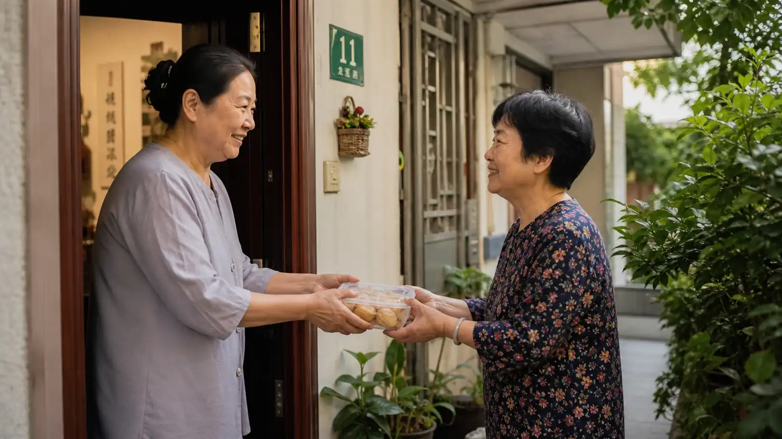 现代社区邻里互赠物品场景图