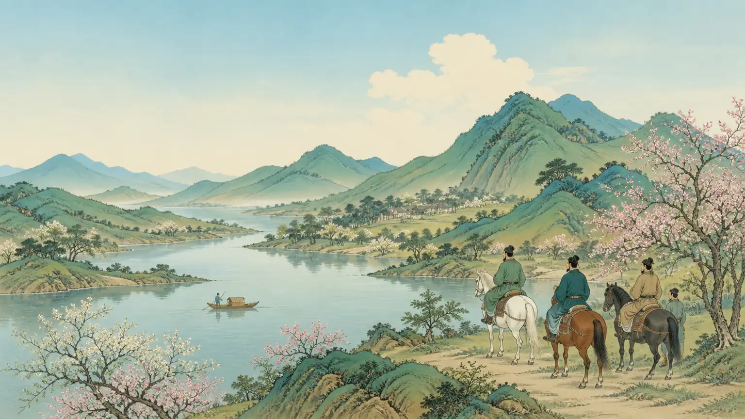 春日山水踏青游春场景图