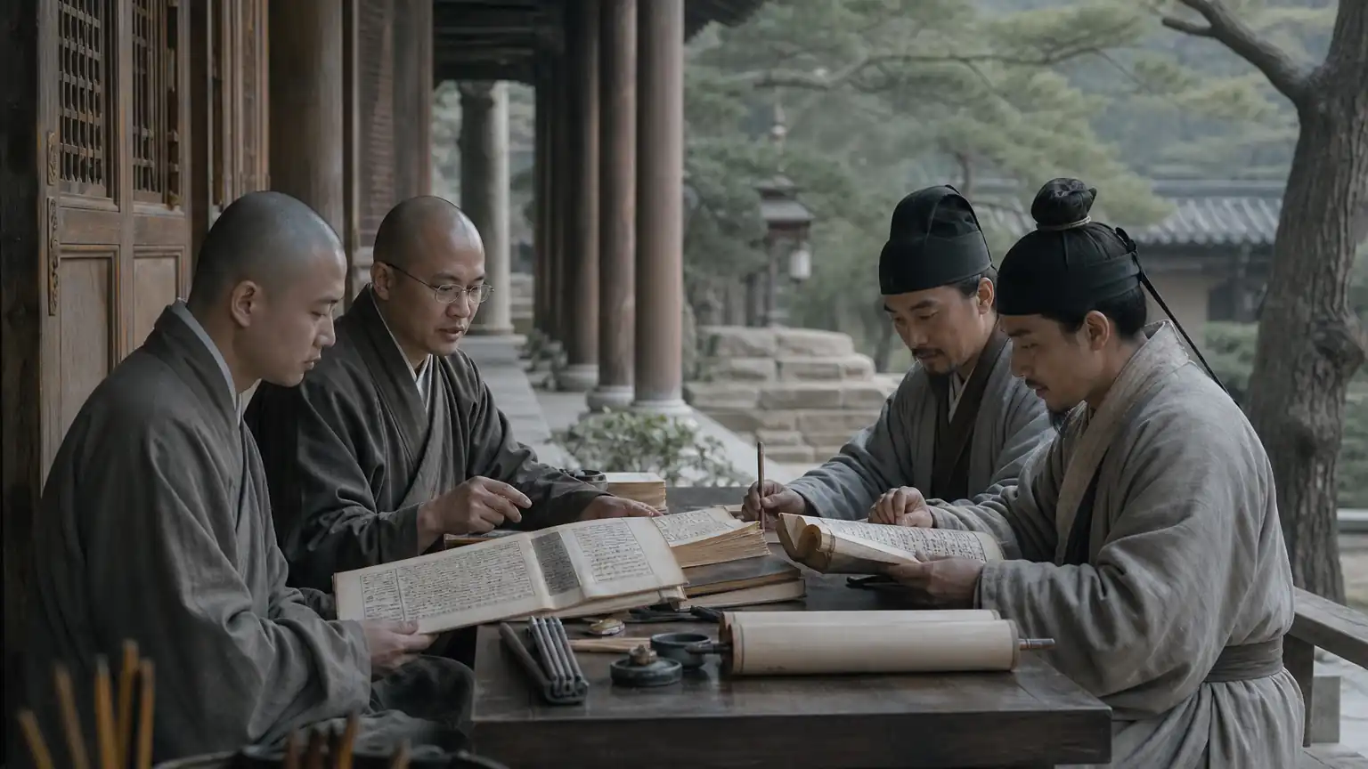 东晋格义译经交流场景图
