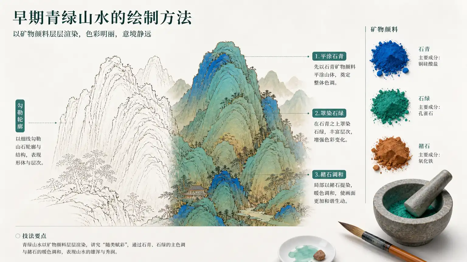青绿山水设色与勾勒填色示意科普图