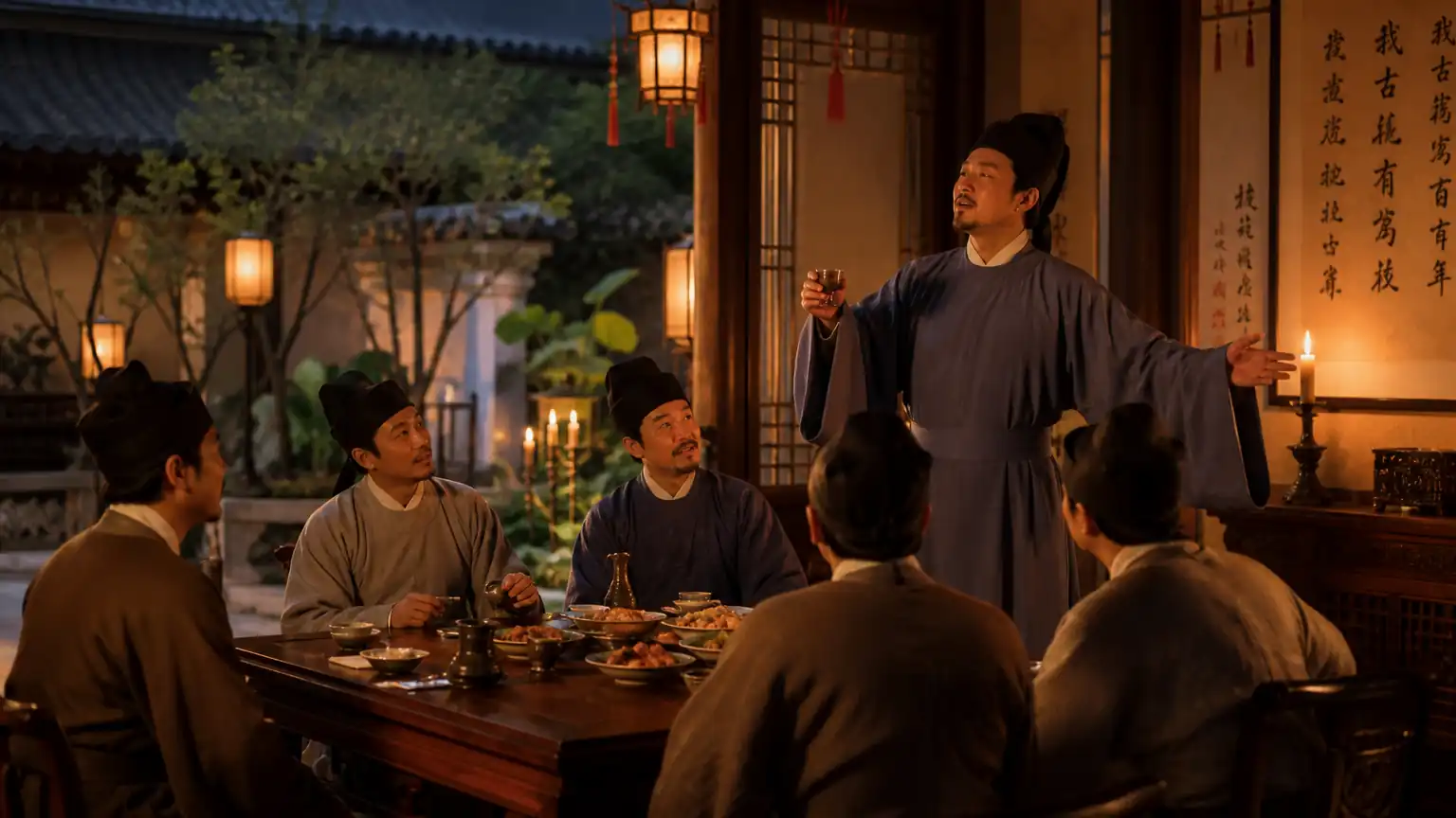 贾府宴席行酒令唱曲场景图