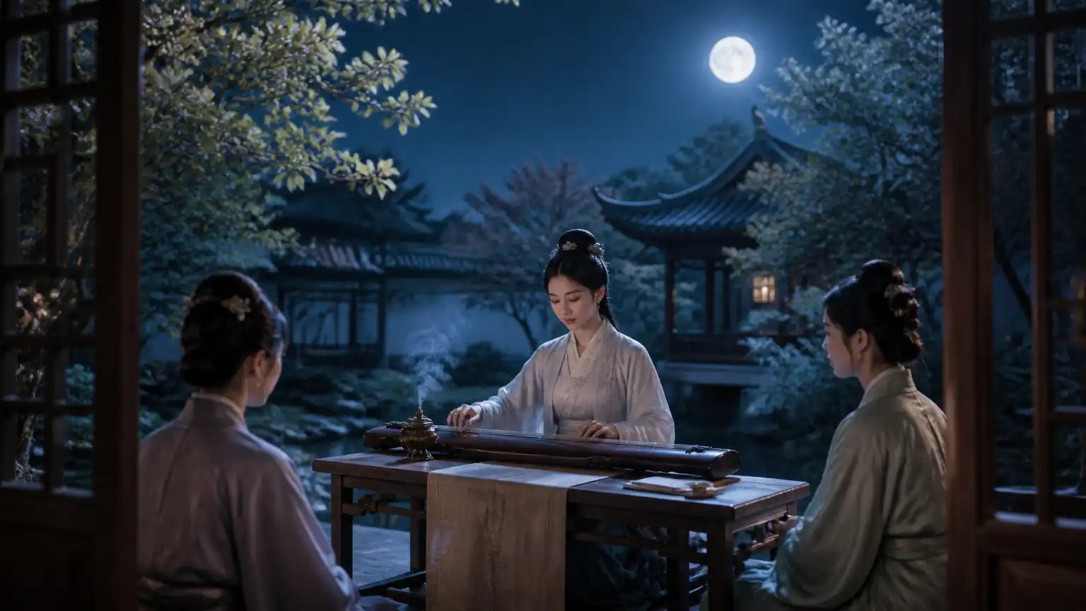 月夜园林抚琴听音场景图