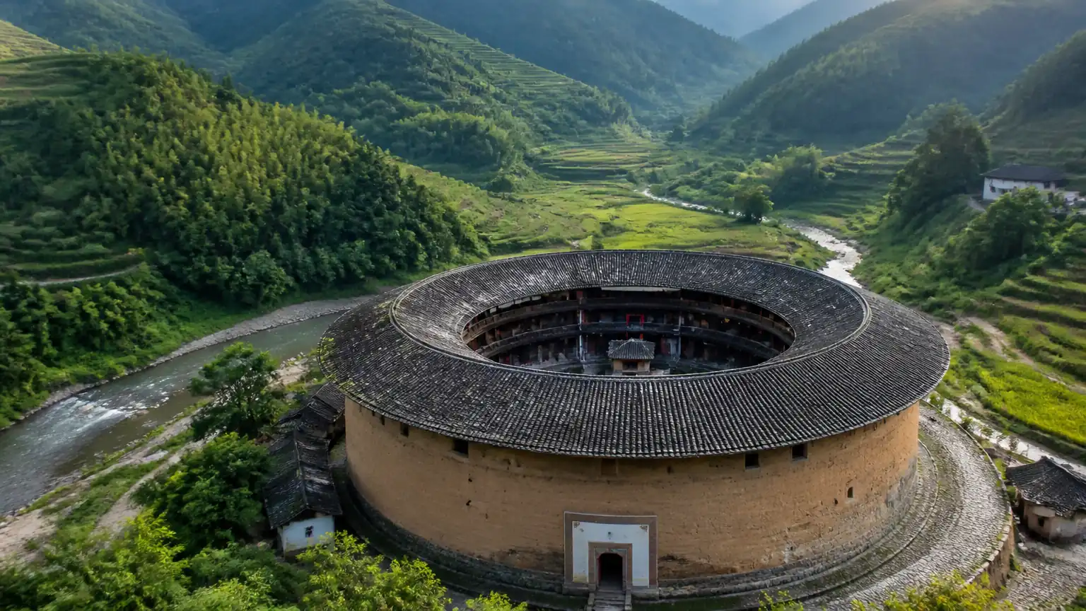 福建土楼圆形夯土楼航拍全景图