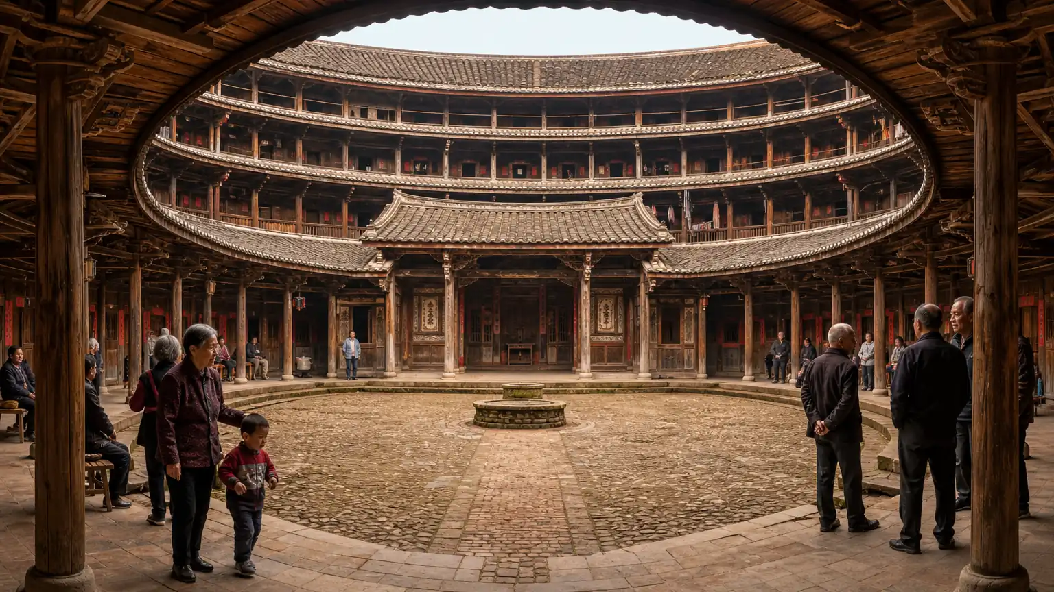 土楼内部祠堂与聚族生活场景图