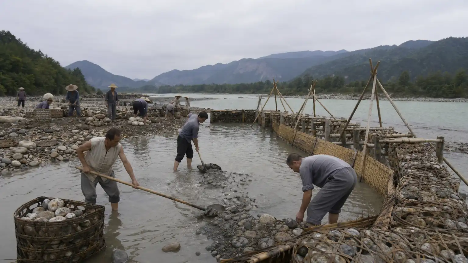 都江堰岁修淘滩排沙场景图