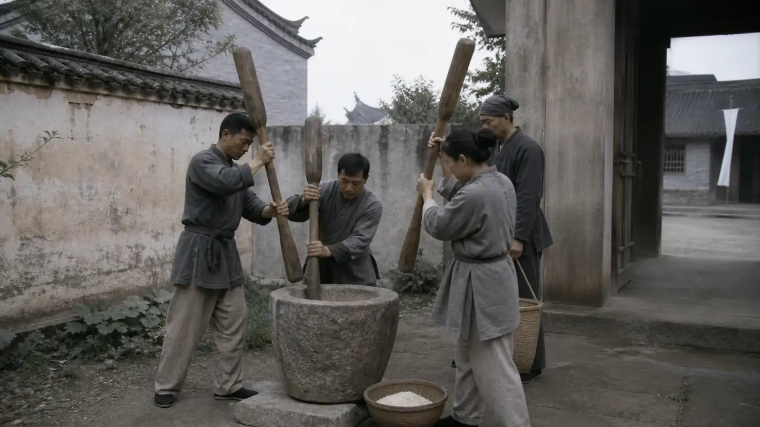 古代庭院舂米劳作场景图
