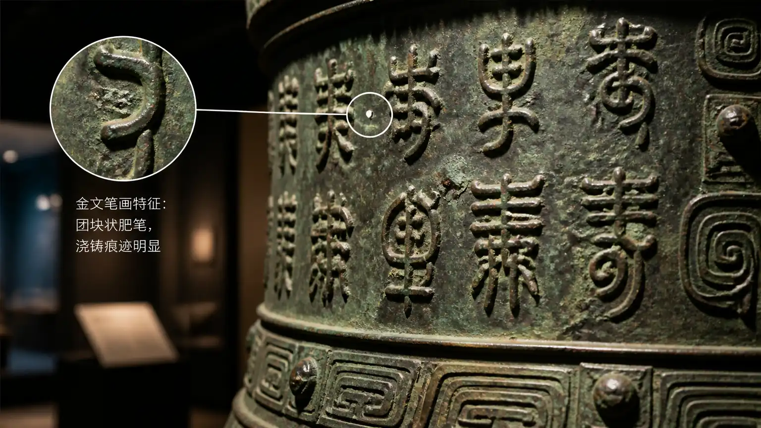 青铜器金文与铸造痕迹特写图