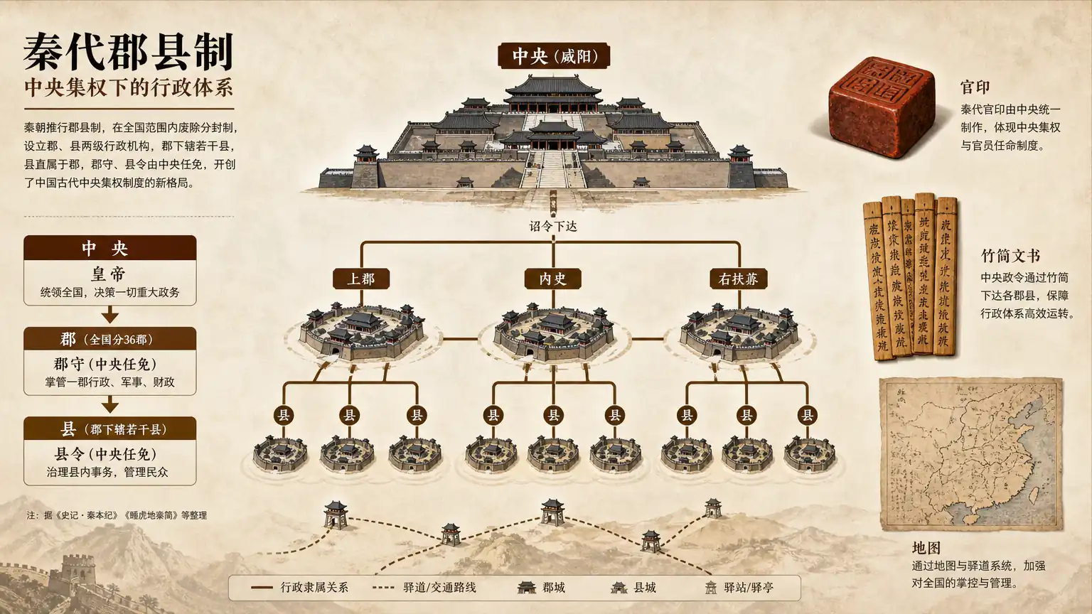 秦代郡县制地方行政体系示意图