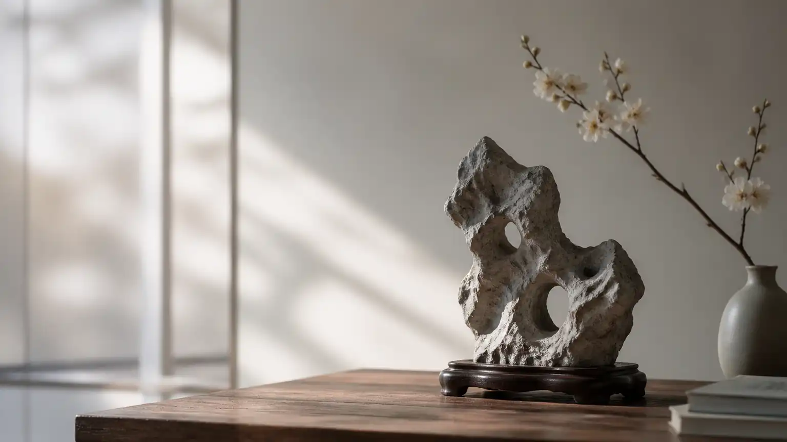 奇石与疏梅清供意境图