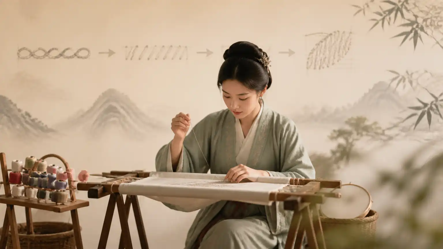 古代绣工刺绣针法演进场景图
