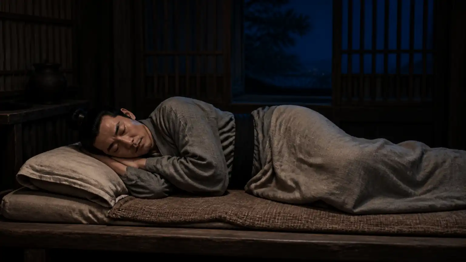 古人夜卧如弓安眠图