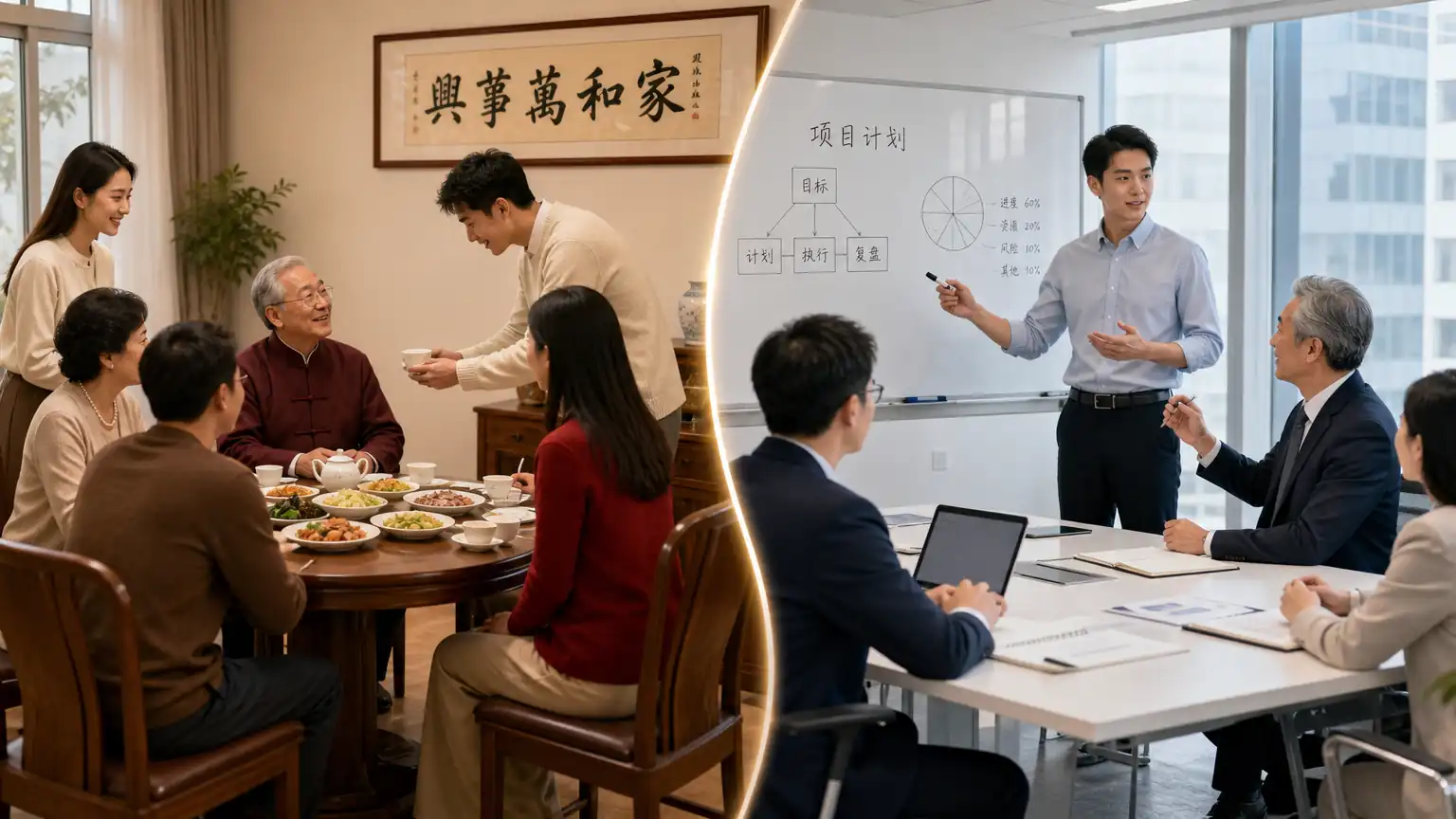家庭聚会与工作会议的秩序切换图
