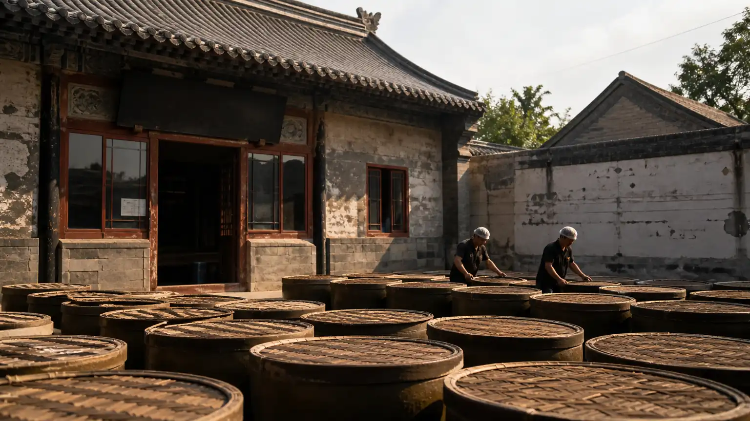 六必居酱园门面与酱缸场景图