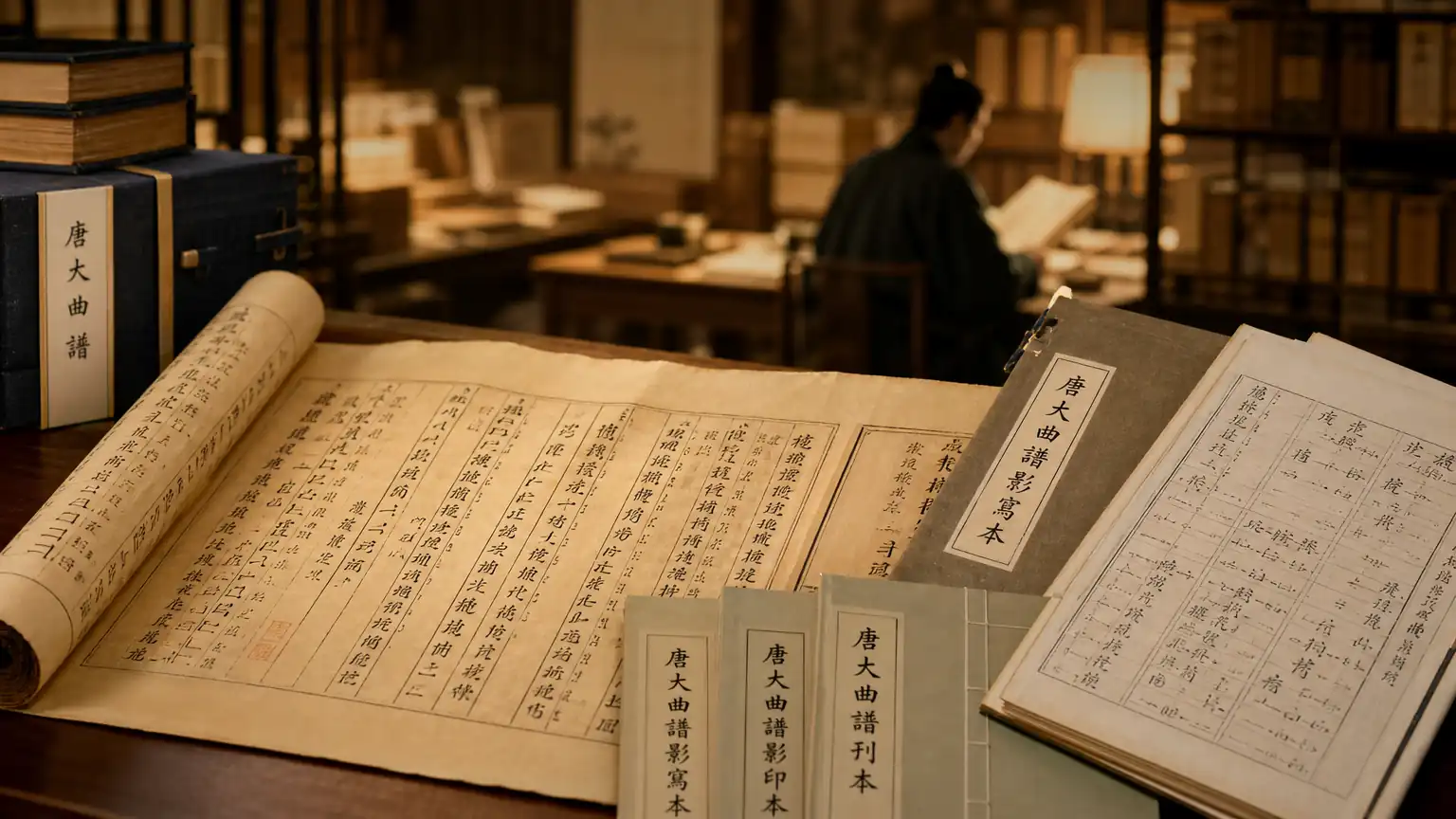 唐代写本古谱卷子与学者访书场景图