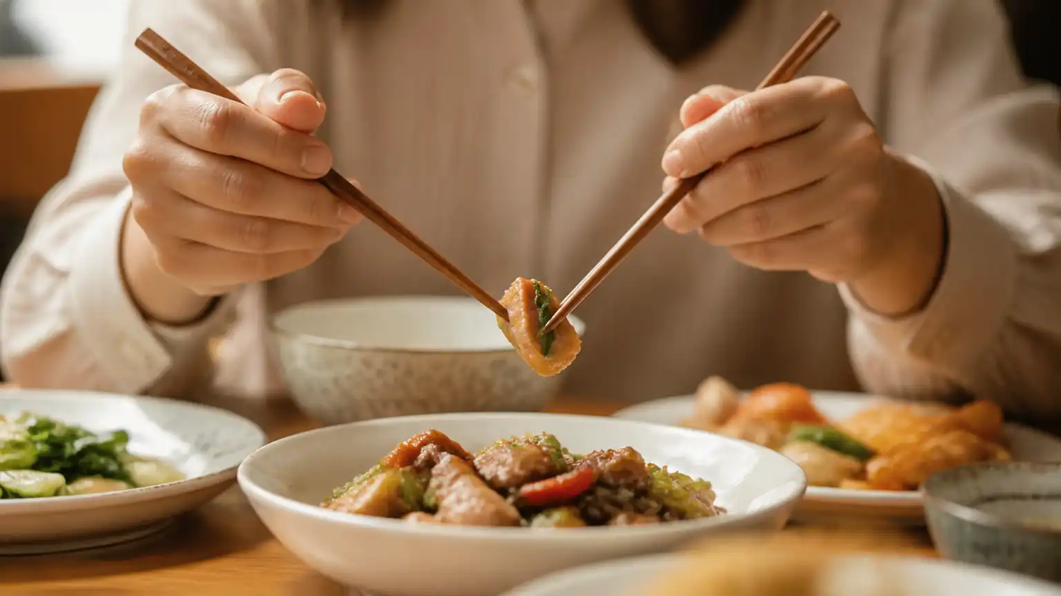 双手执筷夹取食物场景图