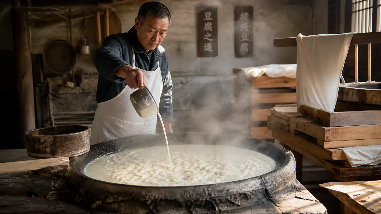 传统点卤制作豆腐场景图