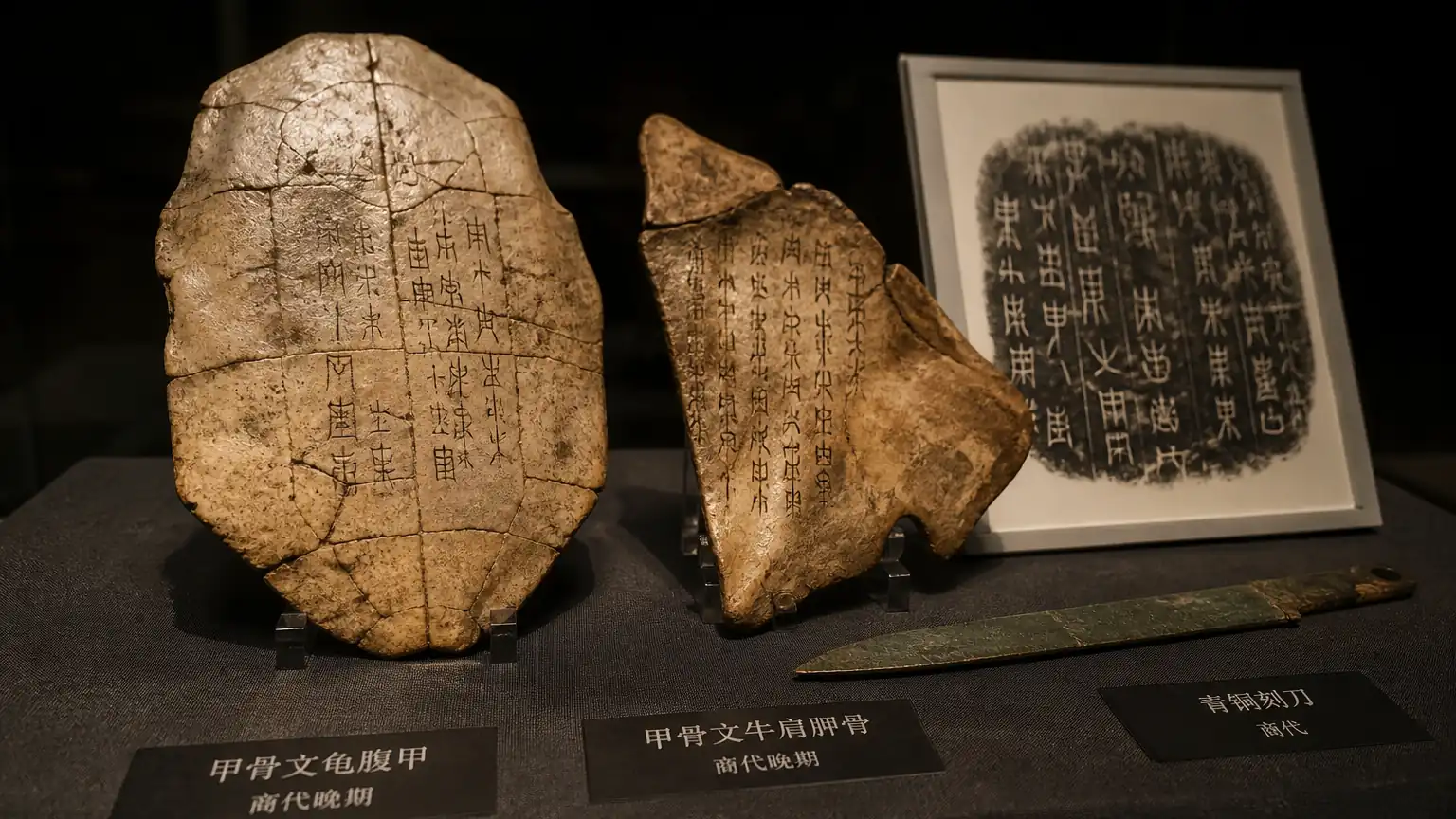 甲骨文刻写与拓片场景图