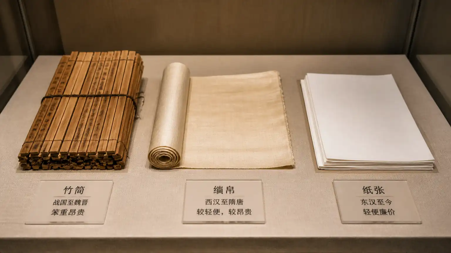 竹简缣帛与纸张对比展示图