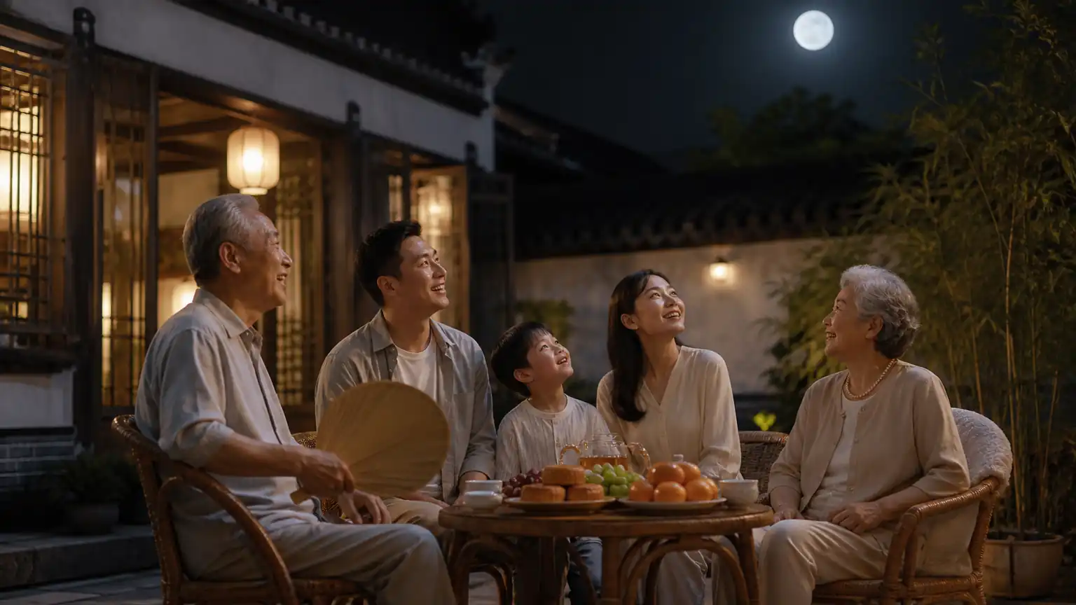 中秋庭院赏月团圆场景图