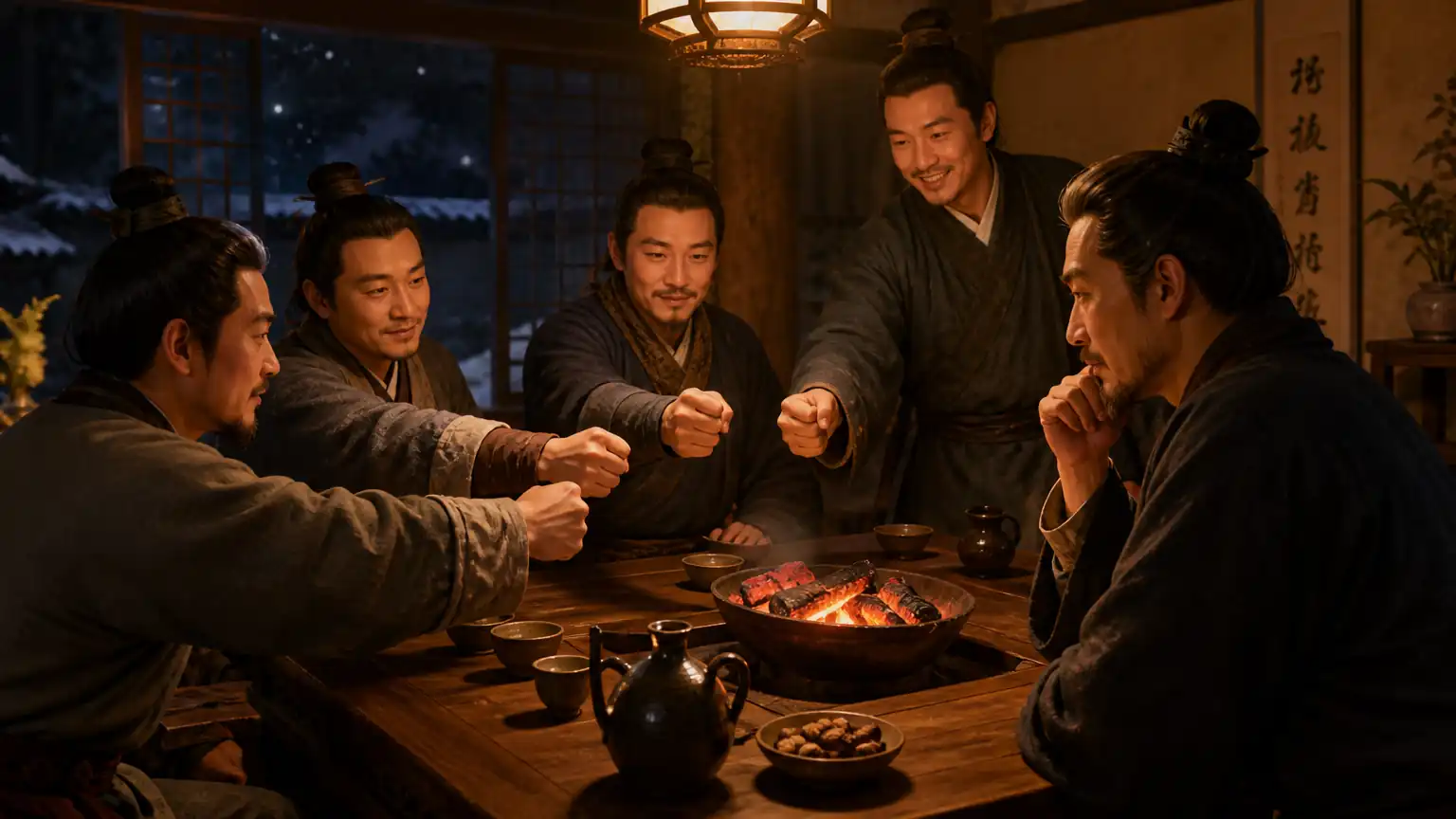 古人冬夜围炉藏钩游戏场景图