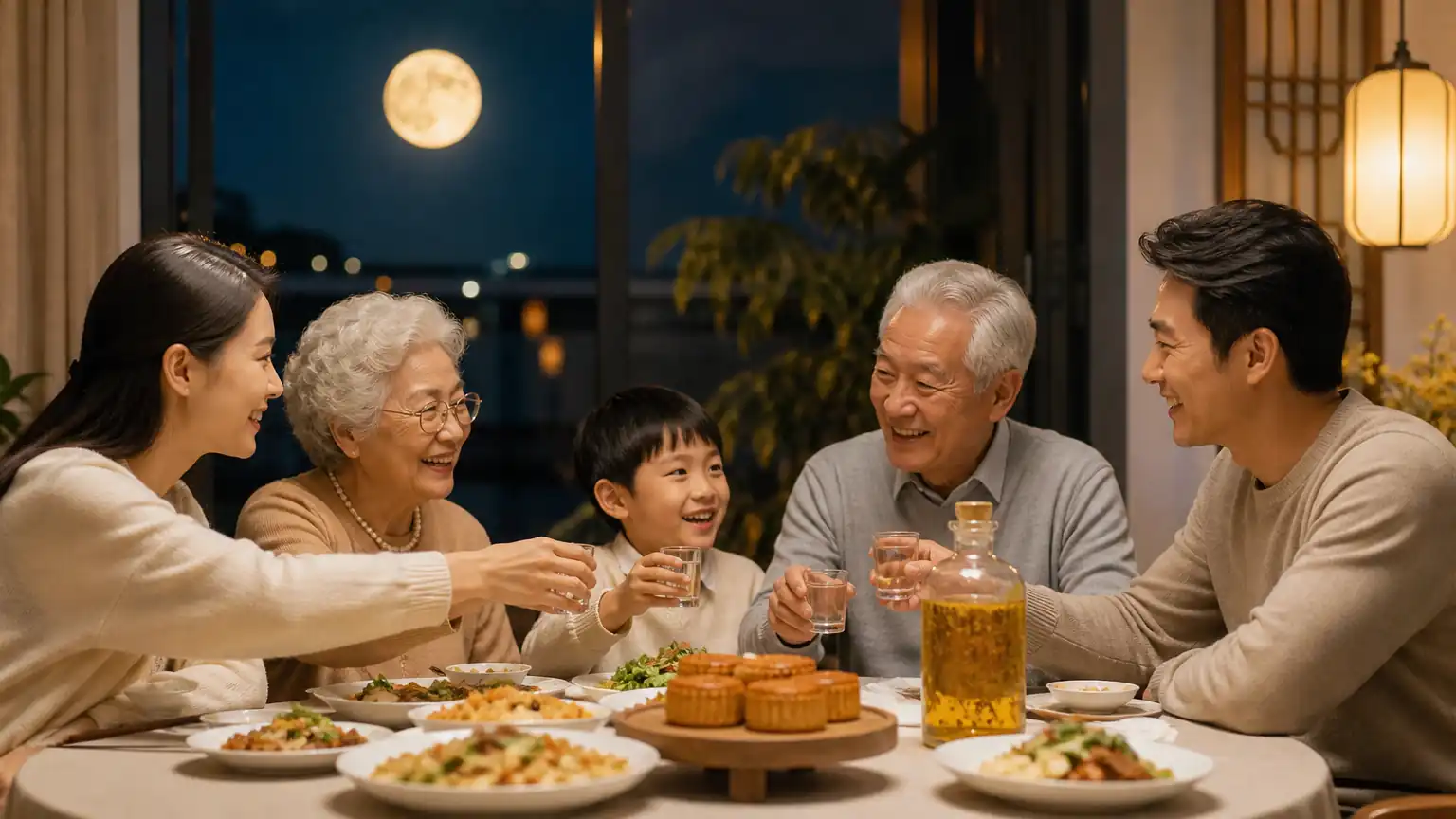 中秋家宴举杯团圆场景图