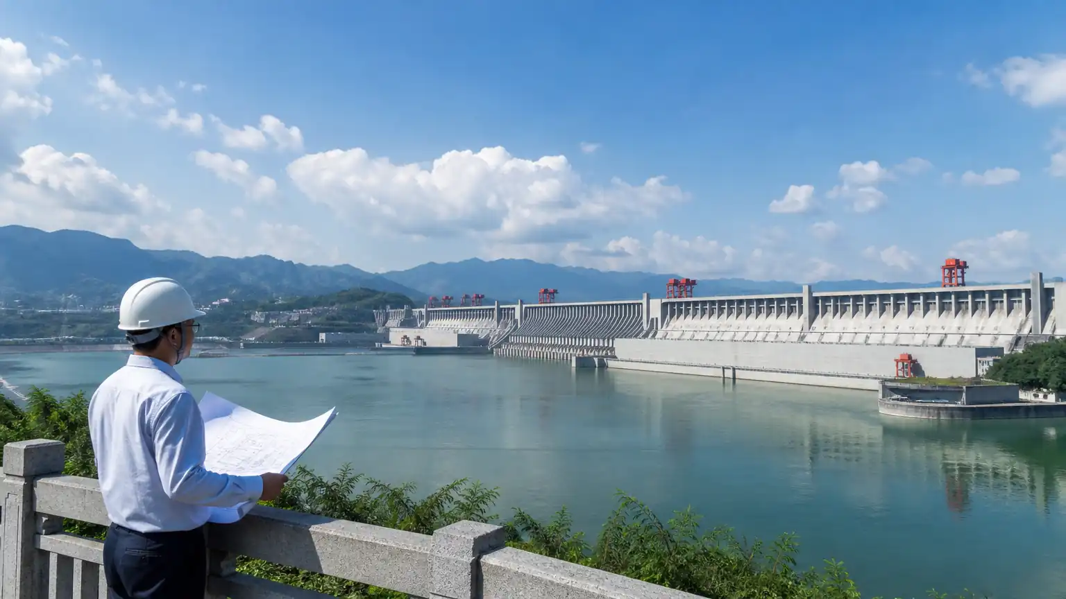 三峡大坝与科研工作者场景图