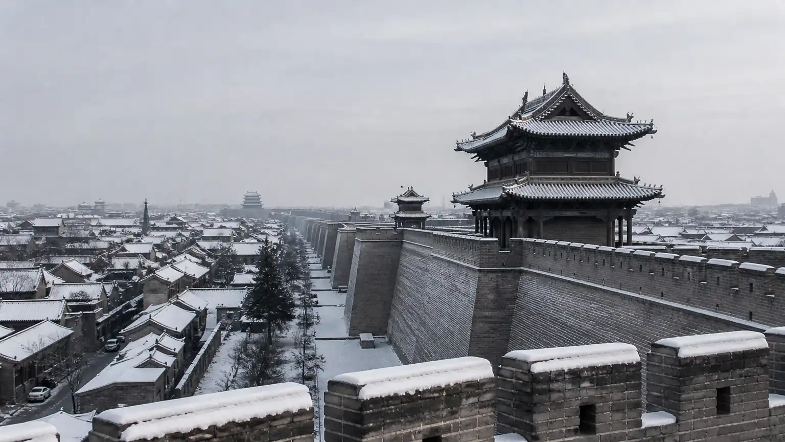 大同古城初雪城墙图