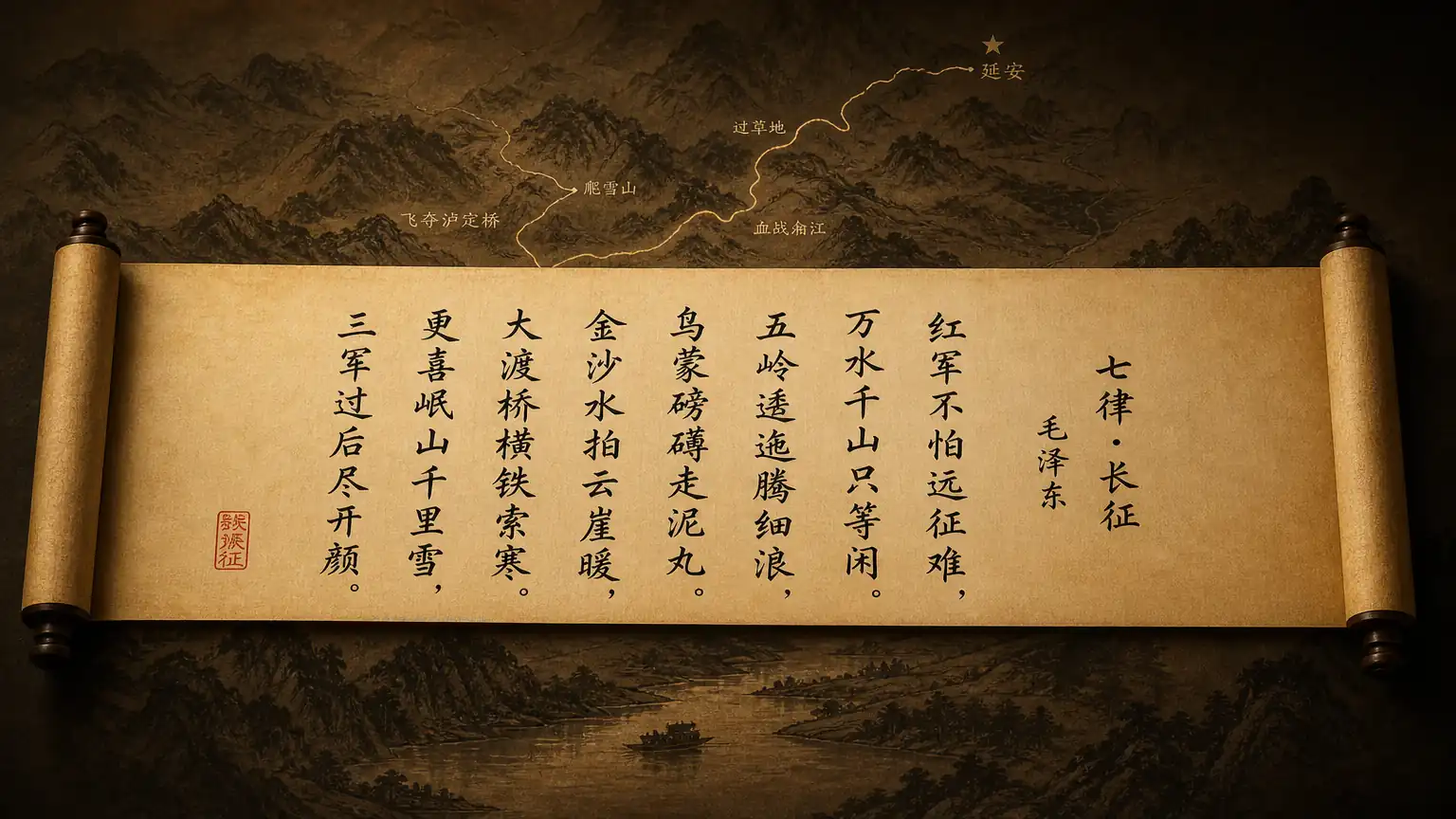 七律长征诗文书法与长征路线意象图
