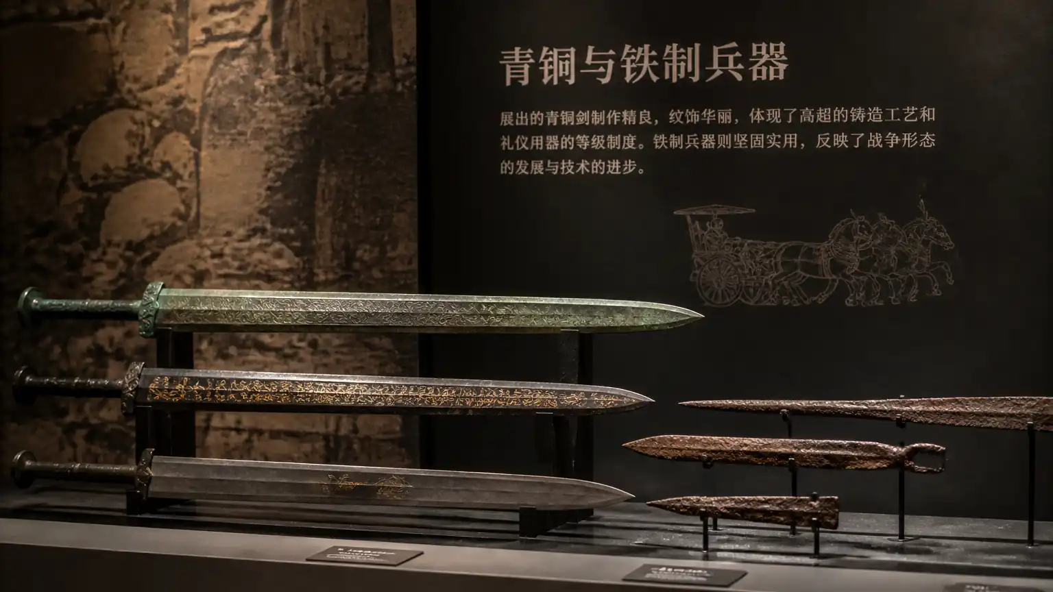 古代青铜剑与礼器陈列图